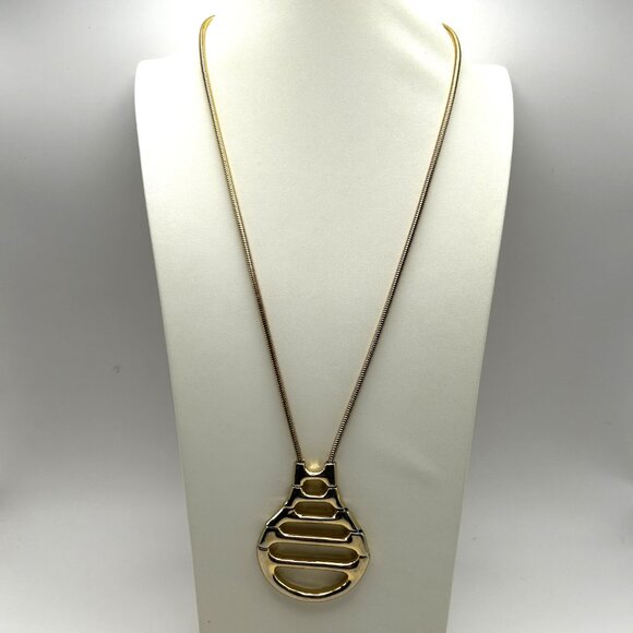 Vintage Castlecliff Statement Pendant Necklace Gold Tone Modernist Signed - Picture 6 of 11